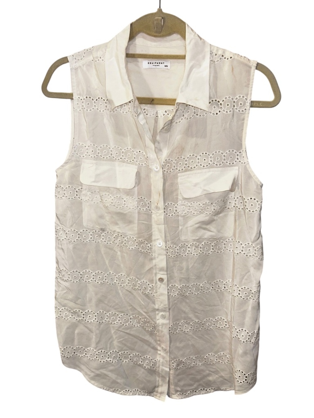 Equipment Femme white silk eyelet sleeveless top blouse M